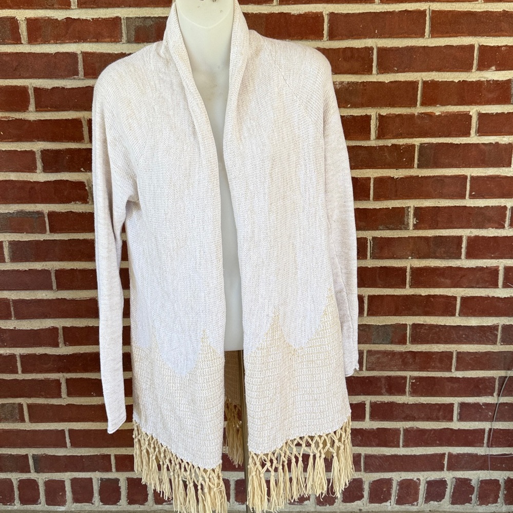 LILLY PULITZER Women’s M Cardigan Tatum Long Fringe Hem Ivory Gold Metallic - Picture 3 of 15
